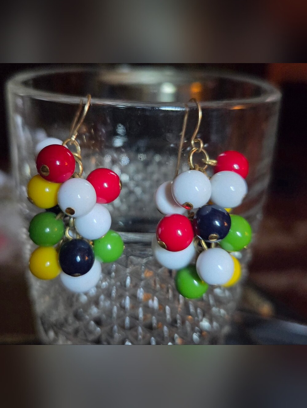 Multicolor Bead Cluster Drop Earrings - White, Red, Green & Yellow 1980's